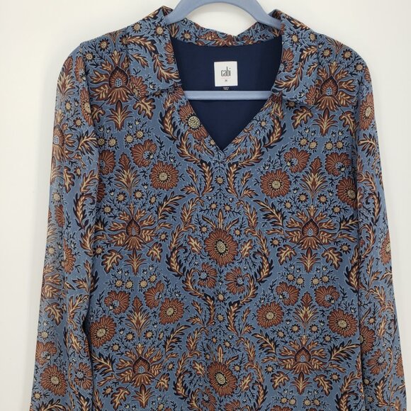 Cabi Provincial Floral Tunic Shirt Dress M Long Sleeve Style 3295 Blue Brown - Picture 7 of 13